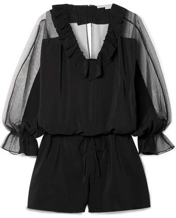Ruffled Silk Crepe De Chine And Cotton-blend Tulle Playsuit - Black