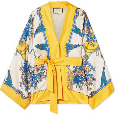 Belted Printed Silk-twill Top - Yellow