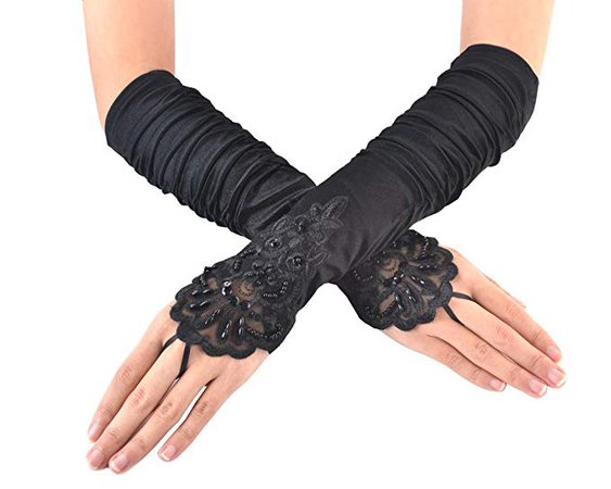 JISEN Women Gathered and Beaded Fold Floral Embroidery Lace Sequins Satin Gloves 15 Black at Amazon Women’s Clothing store: