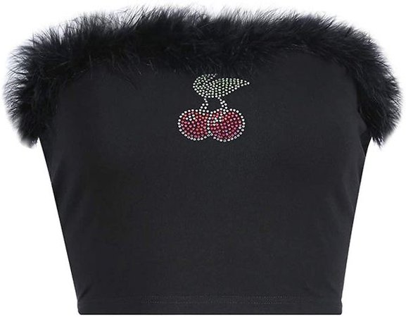 Diamond Cherry Design Short Women Slim Crop Top With Fur
