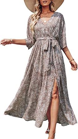 ANRABESS Women’s Summer Loose Kimono Maxi Dress Wrap V Neck 3/4 Sleeve Floral Print Slit Long Dresses at Amazon Women’s Clothing store