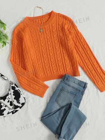 SHEIN EZwear Drop Shoulder Cable Knit Sweater | SHEIN