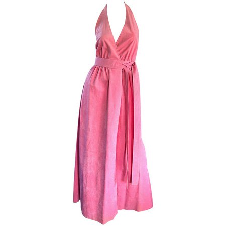 1970s Halston Bubblegum Pink Ultrasuede Vintage 70s Halter Wrap Maxi Dress For Sale at 1stDibs
