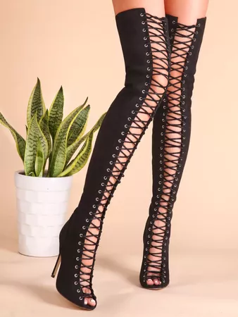Black Sexy Criss Cross Lace Up Suede Thigh High Boots | ROMWE