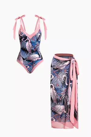 Flamingos Pattern Tie Swimsuit And Knot Sarong Skirt Set – Micas