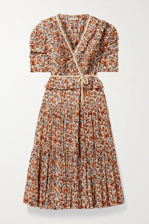 Brown Lisette ruffled floral-print cotton-crepon wrap midi dress | Ulla Johnson | NET-A-PORTER