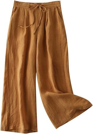 LaovanIn Women's Wide Leg Palazzo Pants Linen Drawstring Cropped Pants Trousers Culottes Coffee X-Large at Amazon Women’s Clothing store