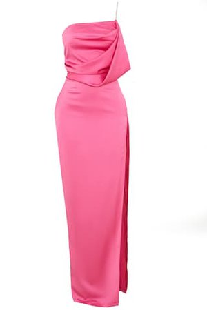 Hot Pink Satin Diamante One Shoulder Maxi Dress | PrettyLittleThing USA