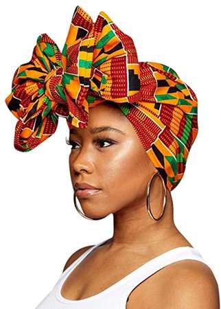 Novarena Long Kente Ankara African Print Headwraps for Women Hair Tie Scarf Turbans Dashiki Head wraps (Green, Black and Orange) at Amazon Women’s Clothing store