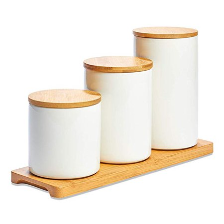 Amazon.com: White Ceramic Kitchen Canisters, Set of Three with Real Bamboo Lids and Organizer Tray with Silicon Airtight Seals, for Dry Food Storage, Perfect for Coffee, Tea, Sugar, Spice, Candy, Cookies, Flour: Kitchen & Dining