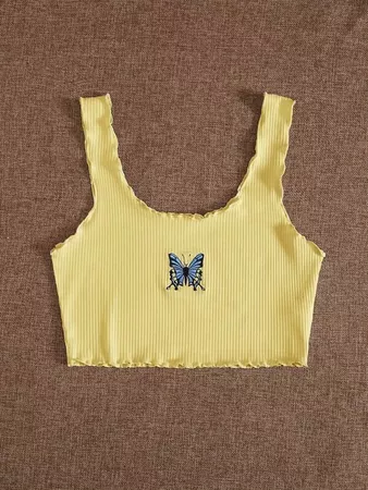 Butterfly Embroidered Rib-Knit Lettuce Trim Tank Top | SHEIN USA yellow