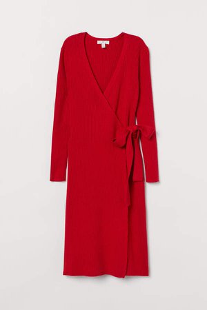 Rib-knit Wrap Dress - Red