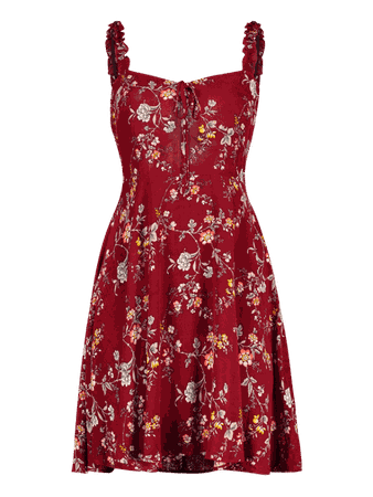 [37% OFF] [HOT] 2019 ZAFUL Flower Ruffle Smocked Dress In RED WINE S | ZAFUL