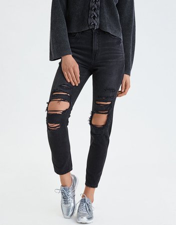 Mom Jean, Destroyed Black | American Eagle Outfitters