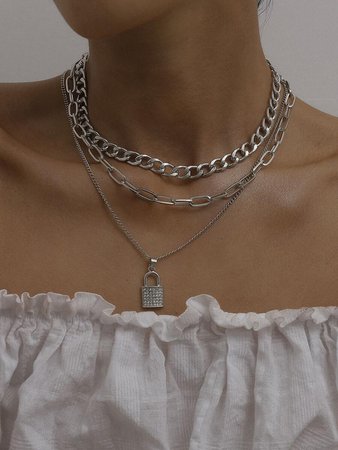 Silver Lock Charm Chain Necklace
