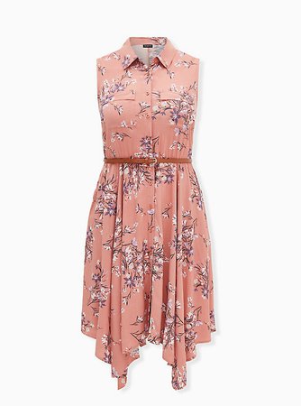Plus Size - Dusty Coral Floral Challis Handkerchief Shirt Dress - Torrid