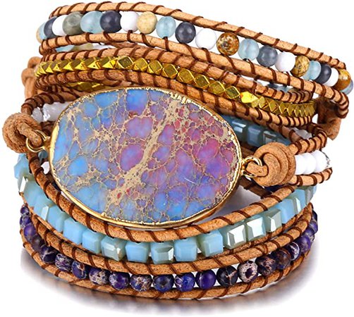 Bonnie 5 Strands Handmade Boho Leather Bracelet Jewelry Natural Gilded Jasper Stone Mixed Beaded Charm Bracelets (Purple): Jewelry