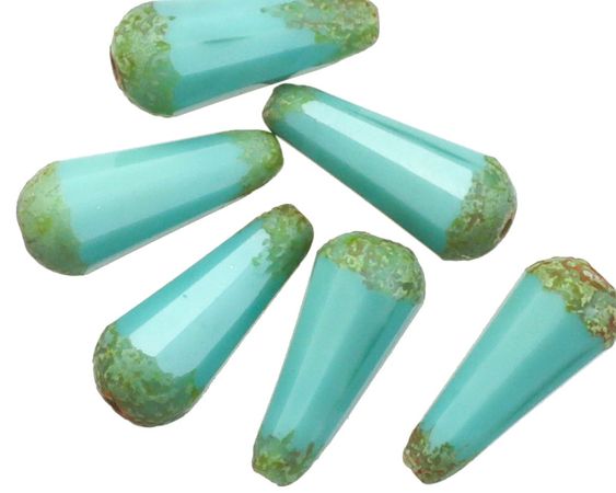 Czech Glass Turquoise w/ Etched Picasso Finish Faceted Teardrop 20x8mm - Lima Beads