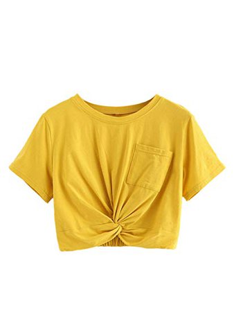 MAKEMECHIC Women's Short Sleeve Striped Twist Knot Pocket Crop Top Tee Shirt at Amazon Women’s Clothing store: