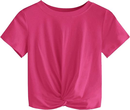 MakeMeChic Women's Summer Crop Top Solid Short Sleeve Twist Front Tee T-Shirt Hot Pink M at Amazon Women’s Clothing store