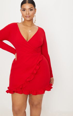 Plus Red Ruffle Detail Wrap Dress | Plus Size | PrettyLittleThing USA