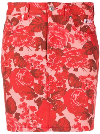 MSGM rose-print denim skirt