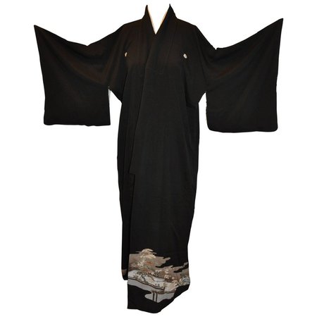 Black Silk Floral Trees and Waves Japanese Kimono For Sale at 1stdibs
