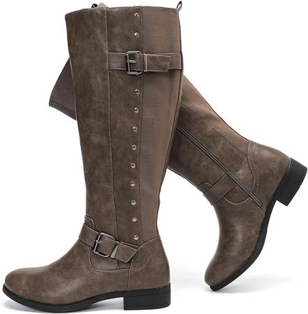 Amazon.com | Luoika Women's Extra Wide Calf Knee High Boots, Wide Width Round-Toe Blocked Heel Winter Tall Boots.Brown,190503,8.5XW | Knee-High