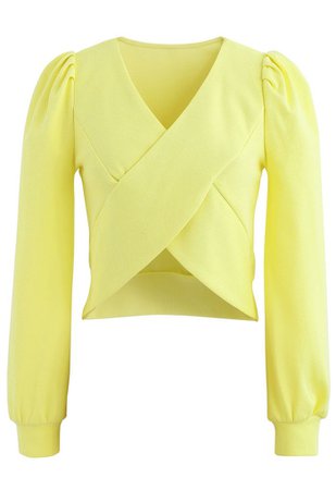 Crisscross Long Sleeves Crop Top in Yellow - Retro, Indie and Unique Fashion