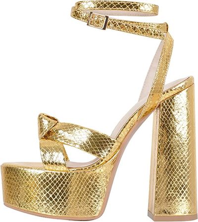 Amazon.com | onlymaker Women's Chunky Heels Bridal Platform Sandal Ankle Strap Buckle Open Toe Metallic Leather Chic Wedding Dress Sandals Golden Size 8 | Platforms & Wedges