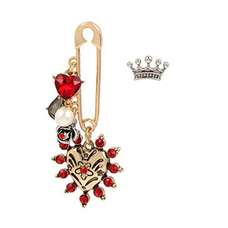Betsey Johnson Heart Safety Pin Mismatch Earrings, Red, One Size: Clothing