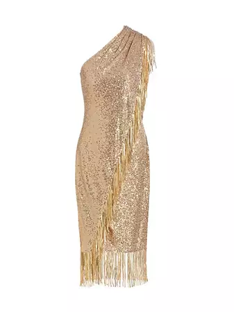 Shop Badgley Mischka Fringe-Trim Sequined Cocktail Dress | Saks Fifth Avenue