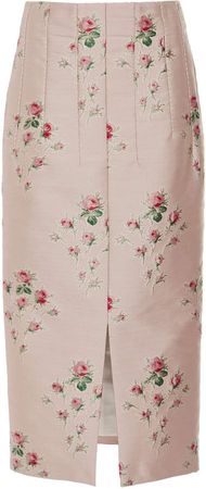 Pectolite Floral-Embroidered Duchess Satin Pencil Skirt