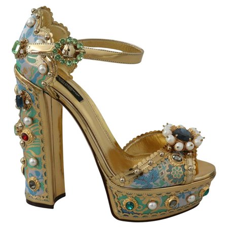 Dolce and Gabbana Multicolor Gold Floral Ankle Strap Platform Sandals Shoes Heels For Sale at 1stDibs