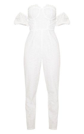 White Broderie Anglaise Bardot Jumpsuit | PrettyLittleThing USA