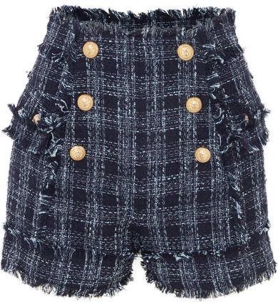 Balmain | Button-embellished frayed cotton-blend tweed shorts
