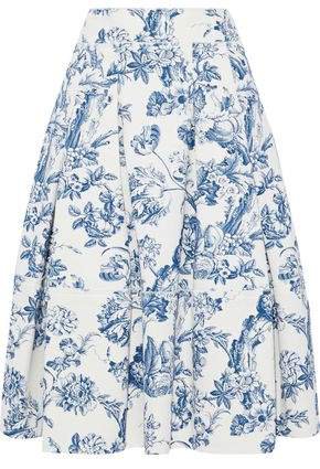 Pleated Floral-print Cotton-blend Boucle Midi Skirt
