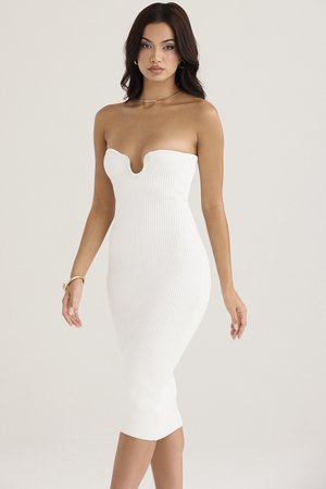 Clothing : Midi Dresses : 'Oriana' White Ribbed Knit Strapless Midi Dress
