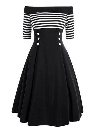 Black 1950s Striped Off Shoulder Dress – Retro Stage - Chic Vintage Dresses and Accessories