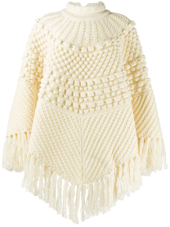 Saint Laurent Cable Knit Tasseled Wool Poncho In White
