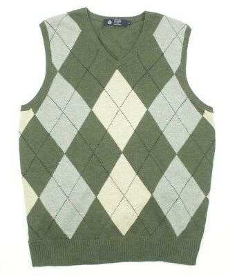 J. CREW MENS Argyle Sweater Vest Army Green V Neckline Sleeveless Size Medium