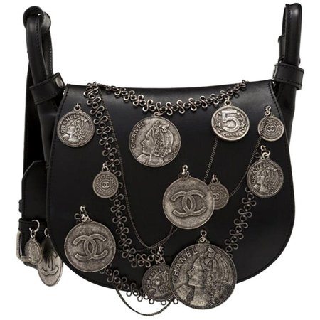 Chanel Black Leather Medallion Coins Saddle Bag For Sale at 1stdibs