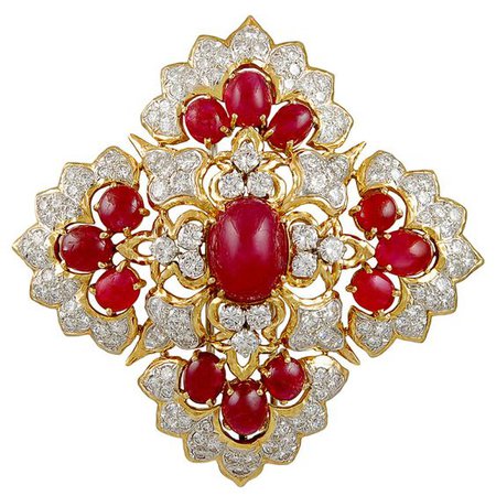 Cabochon Ruby and Diamond Gold Brooch