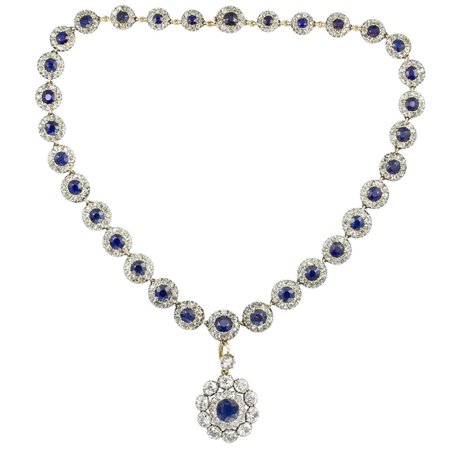 Victorian Sapphire and Diamond Cluster Necklace For Sale at 1stDibs