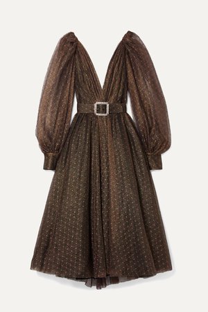 Dark brown Belted embroidered metallic tulle midi dress | Monique Lhuillier | NET-A-PORTER