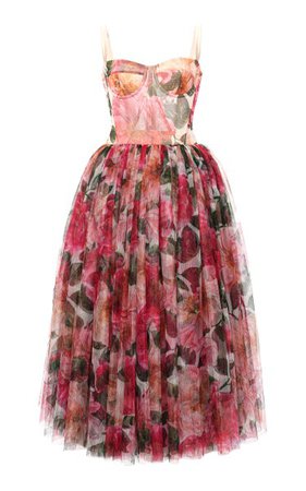 Camellia-Print Tulle Bustier Midi Dress By Dolce & Gabbana | Moda Operandi