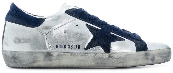 metallic silver and blue superstar leather sneakers