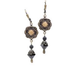 Black Gothic Earrings, Black Crystal Earrings, Medieval Jewelry, Black Pearl, Mourning Earrings