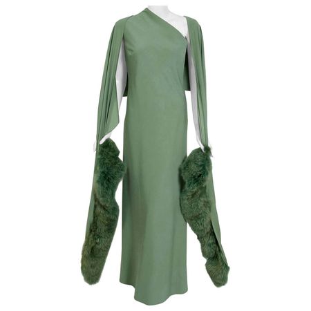 Vintage 1960's Pauline Trigere Seafoam Green Crepe One-Shoulder Gown and Fur Wrap For Sale at 1stDibs
