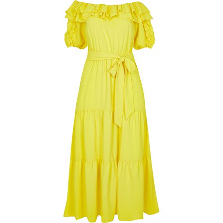 Yellow bardot frill midi dress | River Island